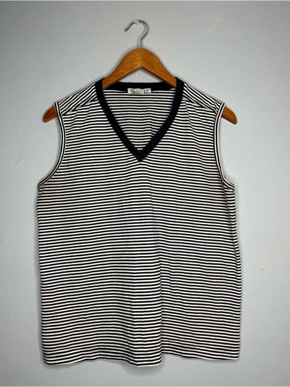 Timberland Black White Striped Sleeveless V-Neck Cotton Tank Top
